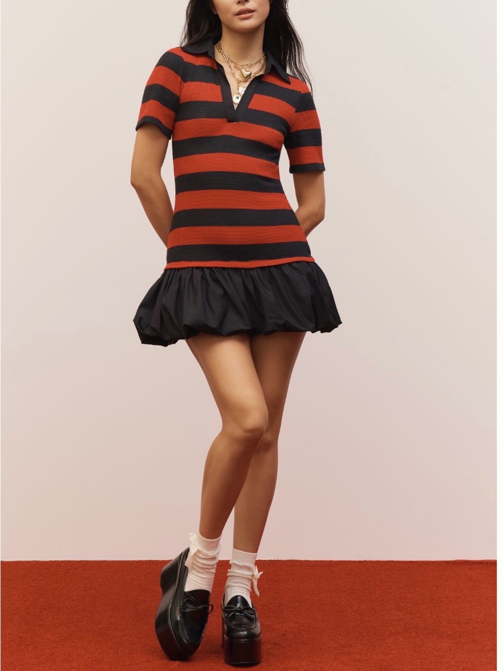 Maeve Twofer Red and Black Striped Polo Mini Dress